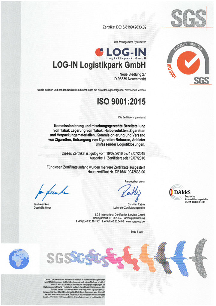 SGS ISO 9001:2015 de LOG-IN Logistikpark GmbH
