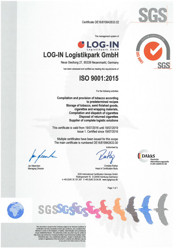 SGS ISO 9001:2015 en LOG-IN Logistikpark GmbH